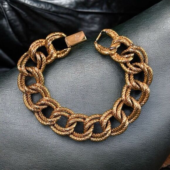 Vintage Signed Napier Double Link Chain Gold Tone Bracelet 7 1/4" - Picture 1 of 5
